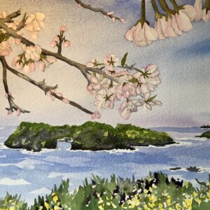 Watercolor painting of cherry blossoms on a branch extending over a serene ocean view with small green islands, set against a blue sky.